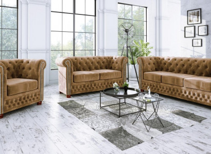 Classic Elegant Chesterfield Furniture Two-Seater Couch Textile Sofa Design Brown